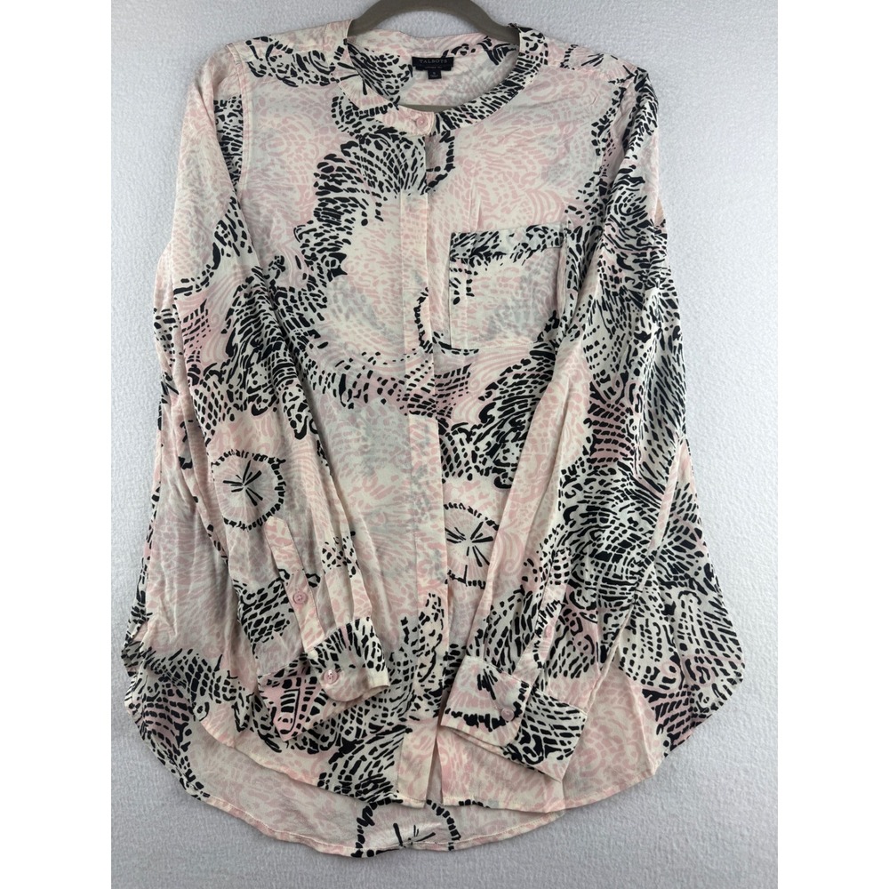 Talbots Pink Black Abstract Animal Print Washable Silk Band Collar Blouse S